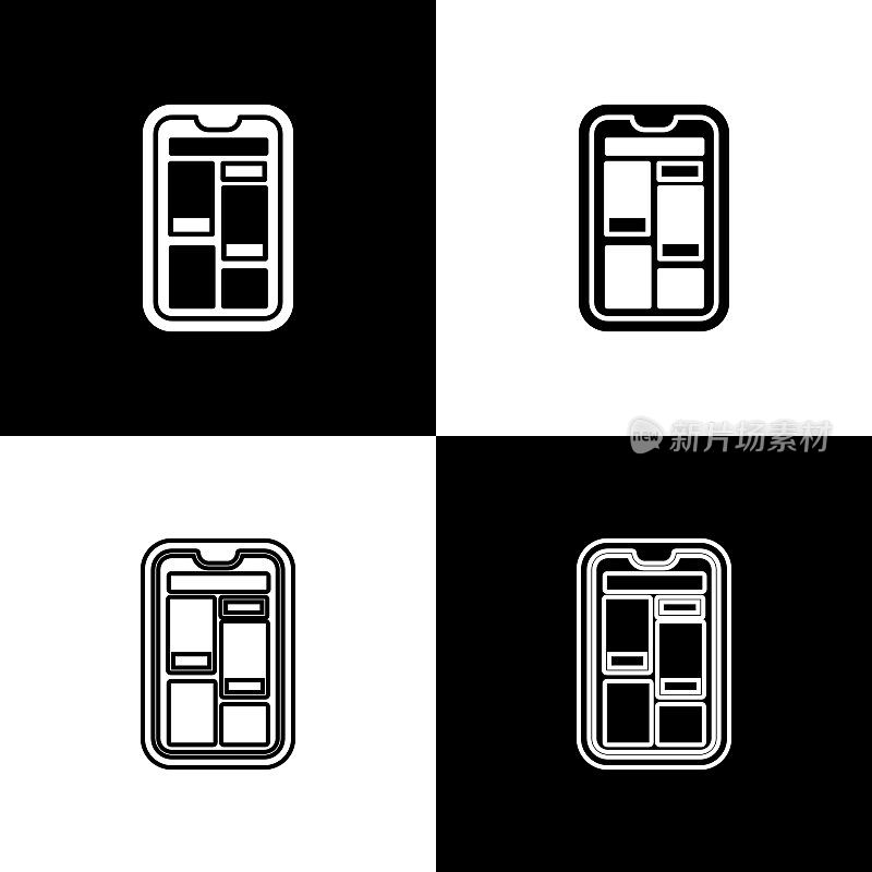 Set Online shopping on mobile phone icon isolated on black and white background. Internet shop, mobile store app and payments billing. Vector Illustration